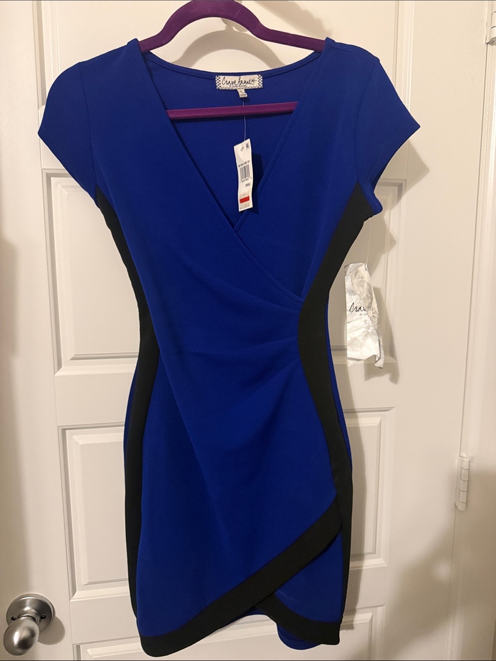 Crave Fame Cobalt Blue with Black Panel Wrap-Front Mini Dress